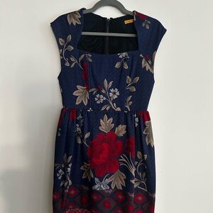 Alice + Olivia Blue Dress with Red and Champagne Floral Details